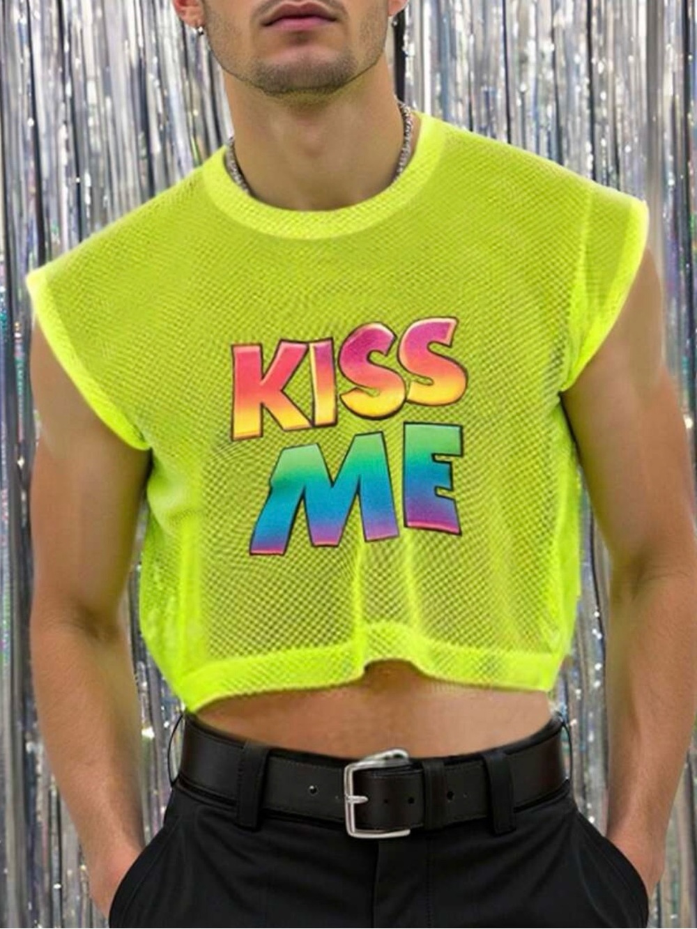 Neon Yellow 'Kiss Me' Mesh Crop Tank Top